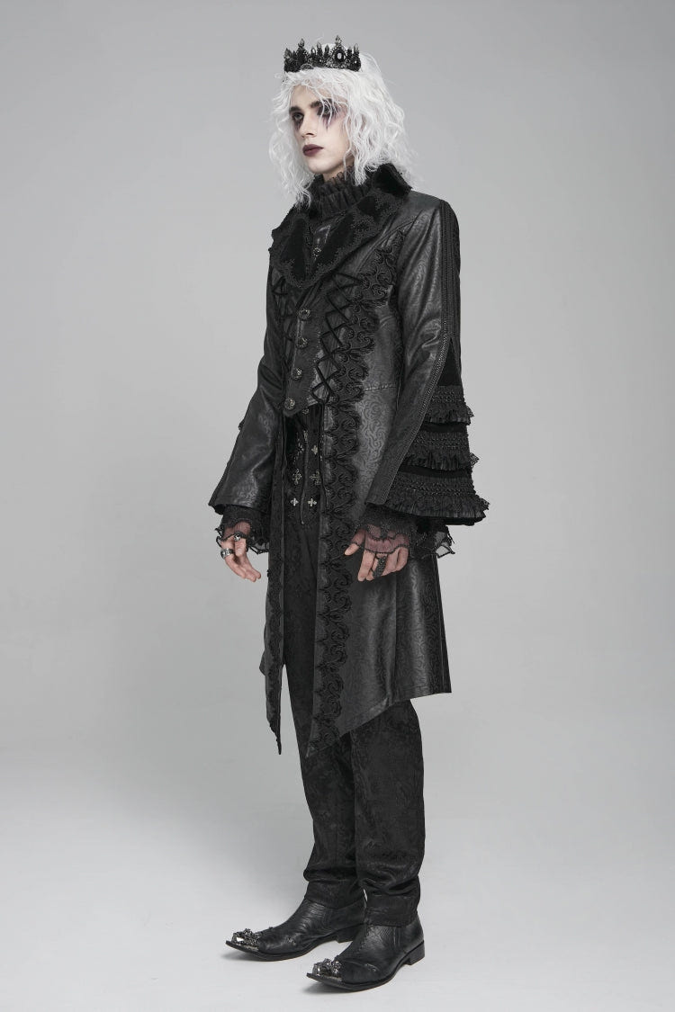 Black Long Trumpet Sleeves Floral Crochet Embroidery Lace-Up Men's Gothic Coat - Product - 3