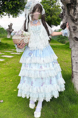 Purple [Lavender] Sleeveless Multi-Layered Print Ruffle Bowknot Lace-Up Sweet Elegant Lolita Jsk Dress Set - Blue - 6