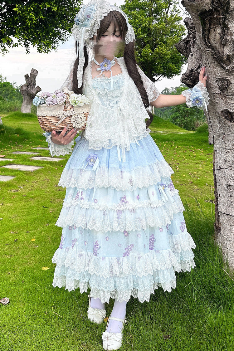 Purple [Lavender] Sleeveless Multi-Layered Print Ruffle Bowknot Lace-Up Sweet Elegant Lolita Jsk Dress Set - Blue - 6