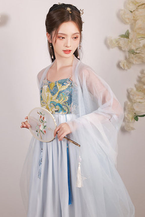Blue Chinese Style Song Dynasty Fairy Long Embroidered Sweet Hanfu Dress Full Set - Product - 3