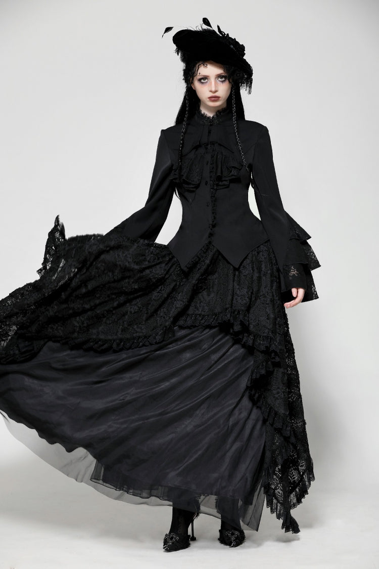 Black Lace Stand Collar Multi-Layered Ruffled Long Flared Sleeves Women's Gothic Blouse - Product - 6