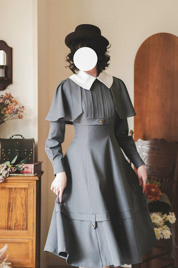Grey [Forest Antique Trunk] Lapel Collar Long Sleeves Classic Vintage Elegant Lolita Dress - Product - 4