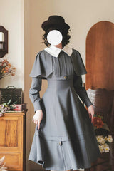 Grey [Forest Antique Trunk] Lapel Collar Long Sleeves Classic Vintage Elegant Lolita Dress - Product - 4
