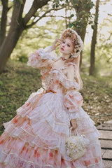 Pink [Rose Letter] Off Shoulder Triple-Layered Print Ruffle Hanayome Sweet Princess Lolita Dress - Product - 3