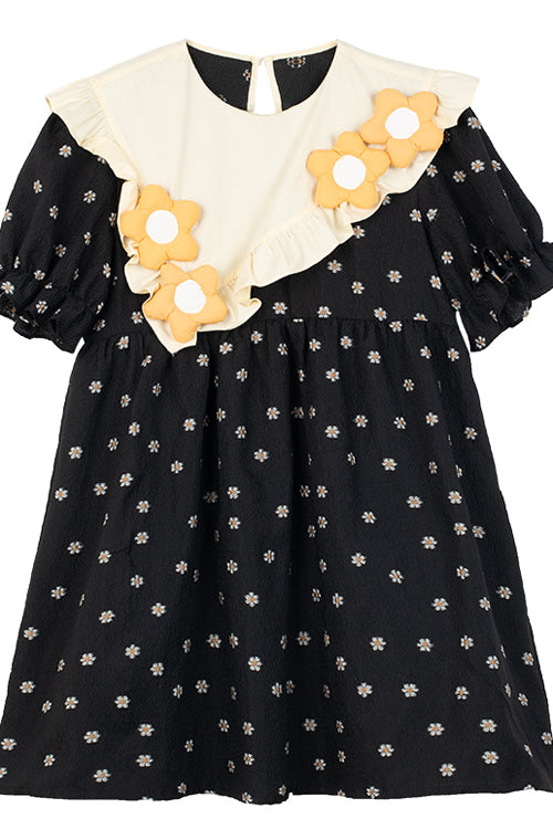 Black Ruffled Splicing Round Collar Bubble Short Sleeves Floral Print High Waisted Sweet Lolita Dress - Product - 9