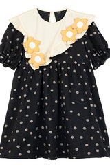 Black Ruffled Splicing Round Collar Bubble Short Sleeves Floral Print High Waisted Sweet Lolita Dress - Product - 9