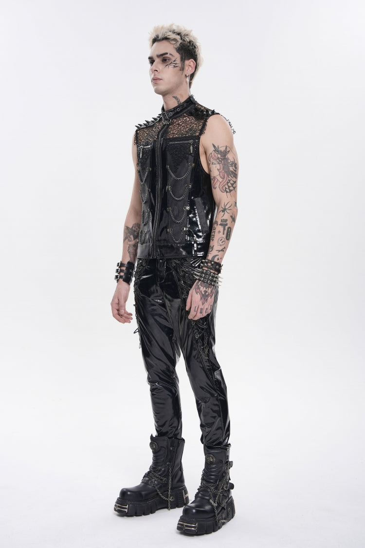 Black Spliced Mesh Studded Buckled Zippered Chain-Decorated Eyelet Men's Punk Cool Vest - Product - 6