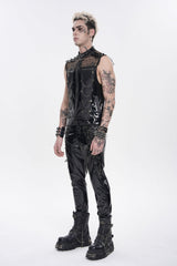 Black Spliced Mesh Studded Buckled Zippered Chain-Decorated Eyelet Men's Punk Cool Vest - Product - 6