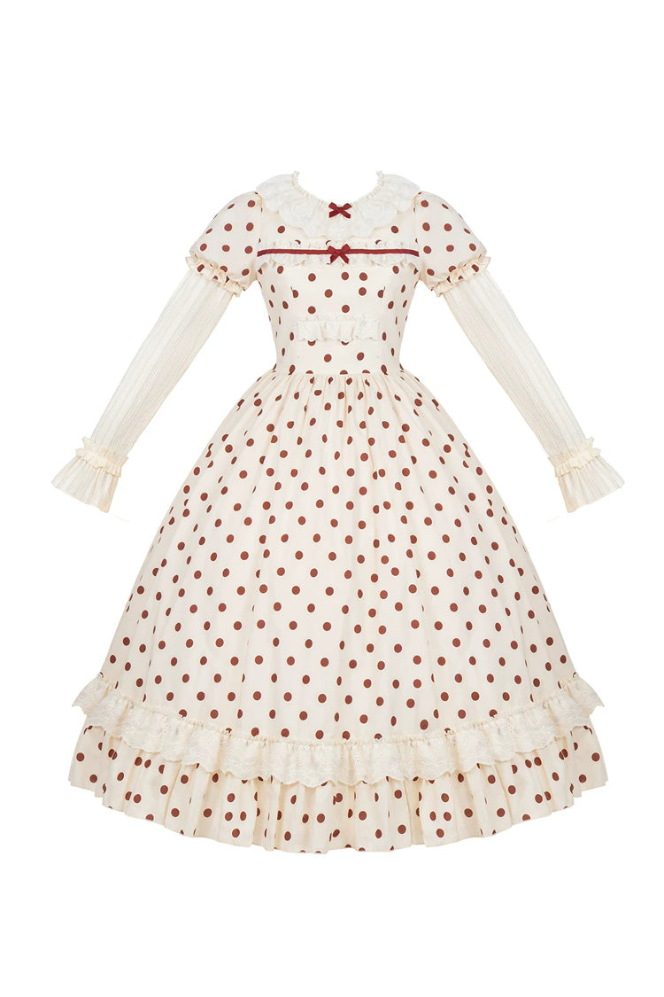 Apricot [Lollipop] Cotton Round Collar Long Lantern Sleeves Polka Dot Printed Ruffled Bow Lace Sweet Elegant Lolita Dress 2 Versions - Apricot(Long-Version) - 25