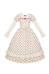 Apricot [Lollipop] Cotton Round Collar Long Lantern Sleeves Polka Dot Printed Ruffled Bow Lace Sweet Elegant Lolita Dress 2 Versions - Apricot(Long-Version) - 25