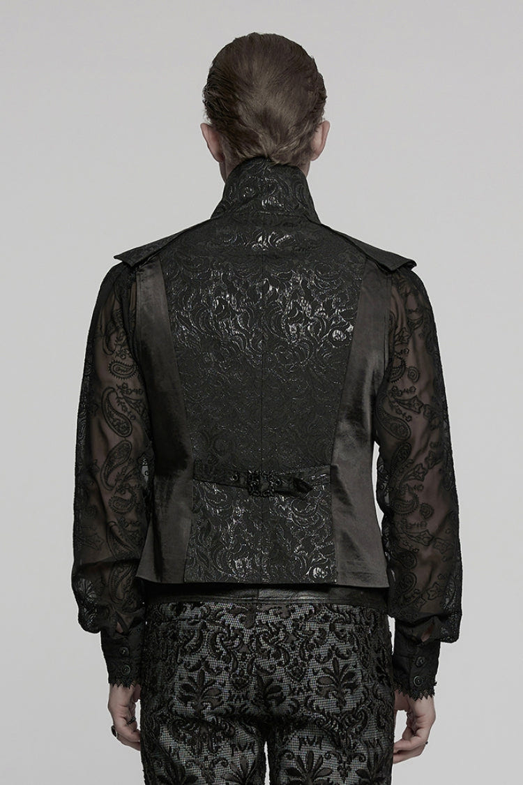 Black Lapel V Collar Long Sleeves Embroidery Men's Gothic Vest - Product - 3