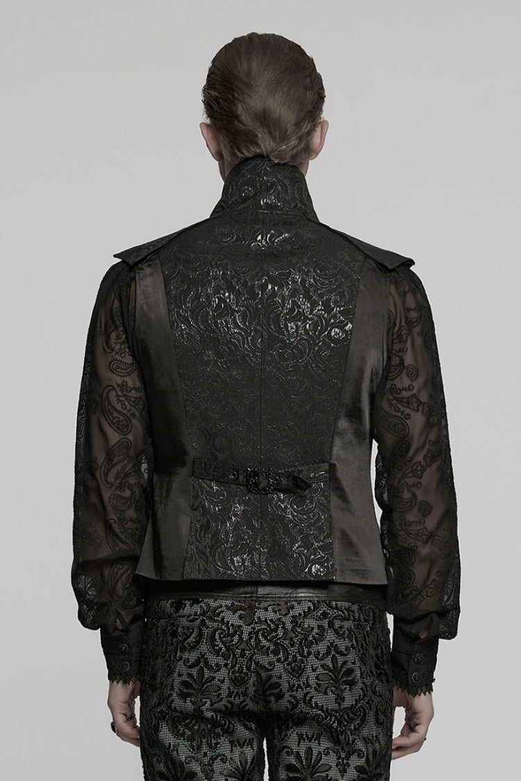 Black Lapel V Collar Long Sleeves Embroidery Men's Gothic Vest - Product - 3