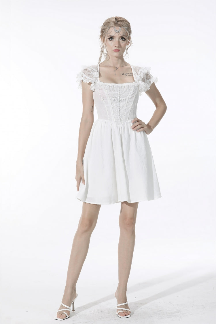 White Layered Lace Square Collar Strappy Women's Gothic Mini Graduation Dress - Product - 6