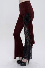Red Velvet Single Side Stitching Rose Net Side Rope Decoration Asymmetric Pattern Flare Women's Gothic Pants - Product - 3