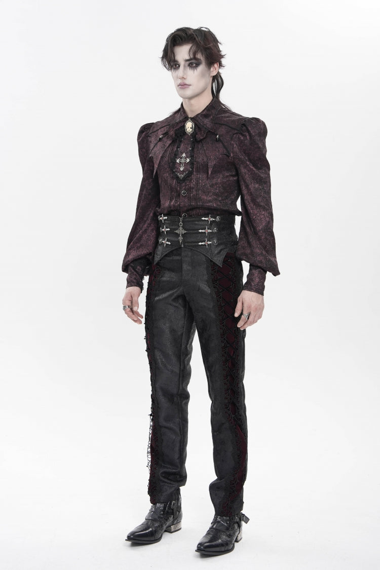Red Lapel Collar Long Lantern Sleeves Jacquard Bow Men's Gothic Shirt - Product - 10