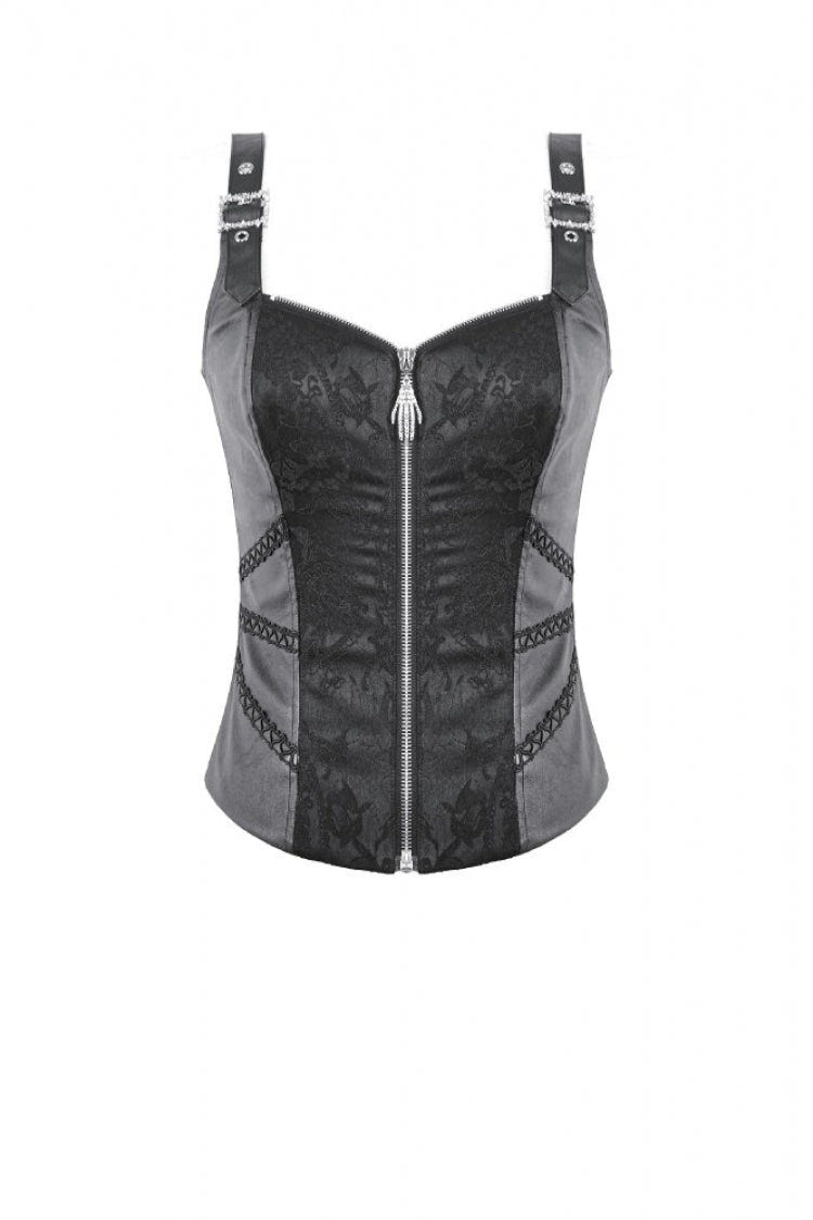 Black Jacquard Buckled Straps Zippered Women's Punk Vest - Product - 3