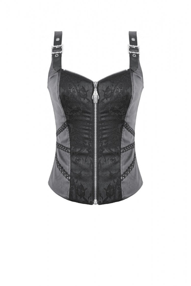 Black Jacquard Buckled Straps Zippered Women's Punk Vest - Product - 3