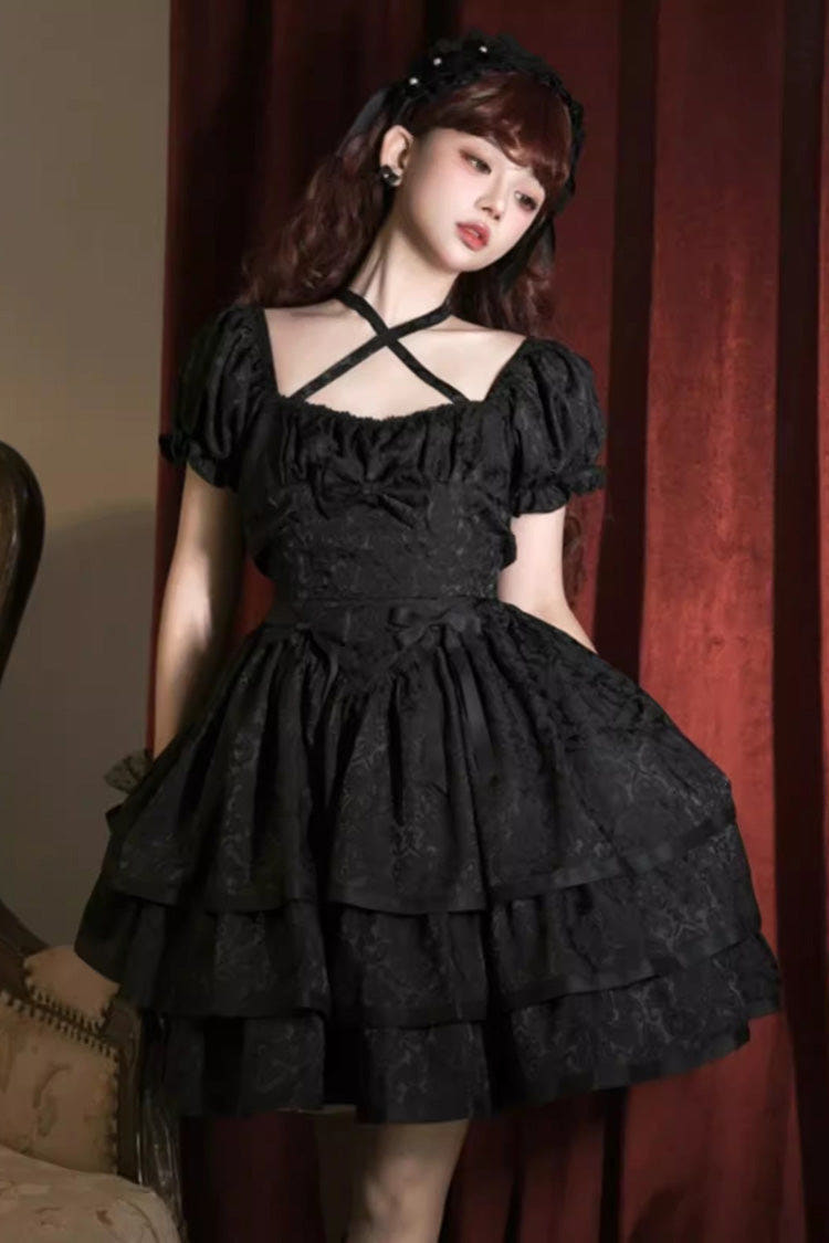 Black Thorn Rose Short Sleeves Multi-layer Ruffle Bowknot Gothic Princess Lolita Dress - Black - 1