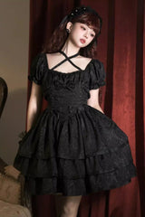Black Thorn Rose Short Sleeves Multi-layer Ruffle Bowknot Gothic Princess Lolita Dress - Black - 1