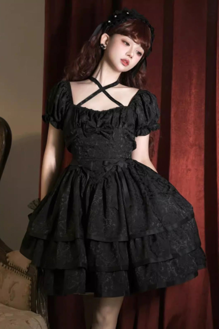 Black Thorn Rose Short Sleeves Multi-layer Ruffle Bowknot Gothic Princess Lolita Dress - Black - 1