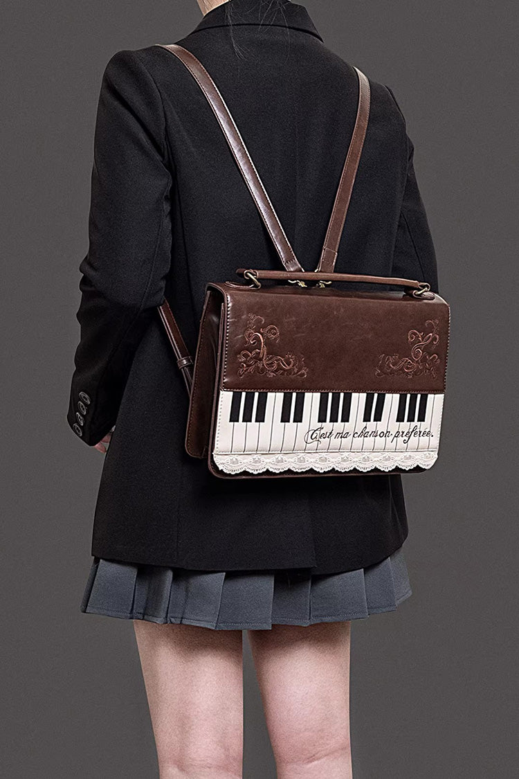 Brown Piano Embroidered Lace Vintage Lolita Backpack - Brown - 6
