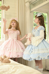 Pink [Petal Bunny] Cotton Square Collar Short Sleeves Double-Layered Ruffled Bow Lace Lace-Up Sweet Lolita Dress - Product - 16
