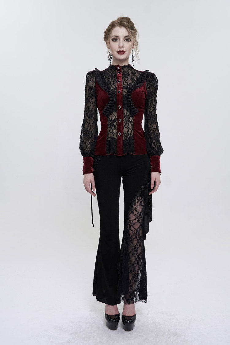 Red Velvet High Neck Lace Fake Bra Design Splicing Three-Dimensional Butterfly Mesh Women's Gothic Shirt - Product - 5