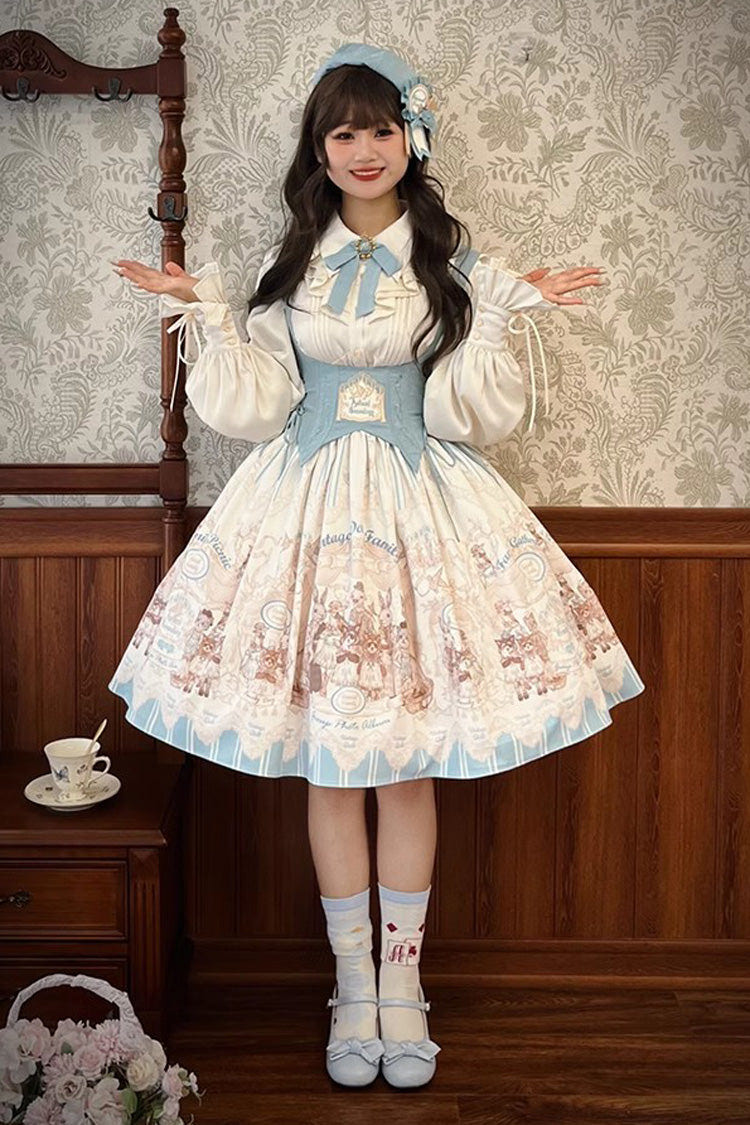 Doll's House Print Ruffle Embroidery Short Version Sweet Lolita Jsk Dress 2 Colors - White/Blue - 7