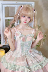 Pink/Green Summer Garden Ruffle Embroidery Bowknot Lace Sweet Lolita Jsk Short Dress - Product - 8