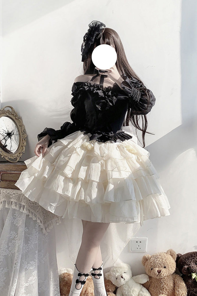Black Top and Apricot Bowknot Sweet Princess Lolita Layered Skirt Dress - Black/Apricot - 1