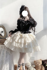 Black Top and Apricot Bowknot Sweet Princess Lolita Layered Skirt Dress - Black/Apricot - 1