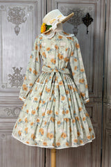 Green [Gardening Sunflower] Long Sleeves Print Ruffle Bowknot Sweet Elegant Lolita Dress - Product - 11