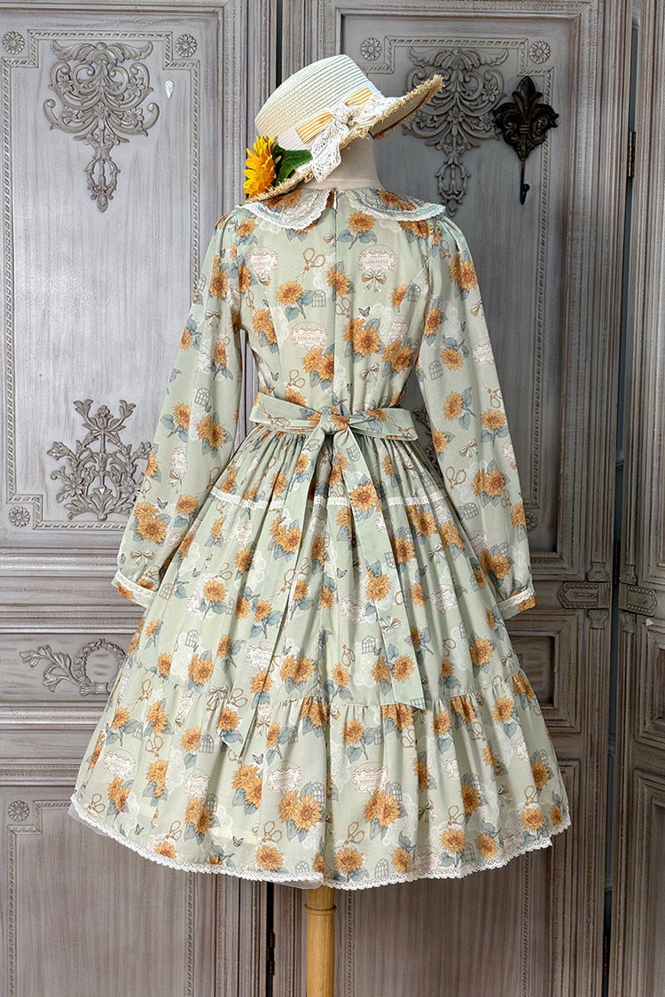 Green [Gardening Sunflower] Long Sleeves Print Ruffle Bowknot Sweet Elegant Lolita Dress - Product - 11