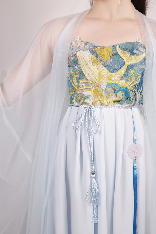 Blue Chinese Style Song Dynasty Fairy Long Embroidered Sweet Hanfu Dress Full Set - Product - 5