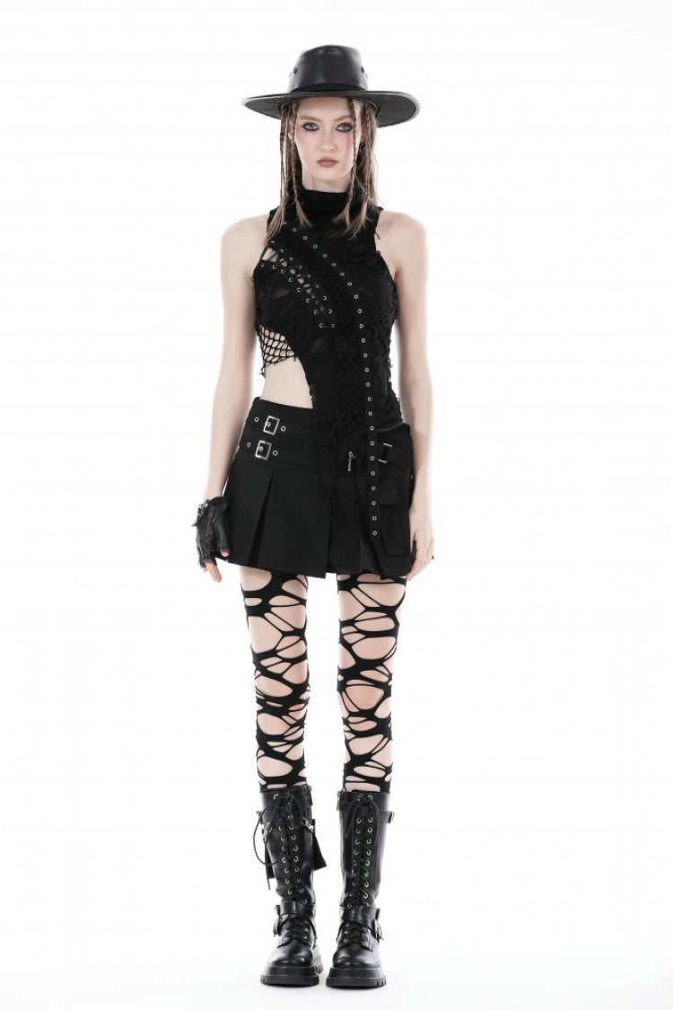 Black High Collar Sleeveless Irregular Asymmetric Lace-Up Eyelet Women's Punk Ripped Tank Top - Product - 5
