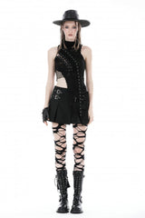 Black High Collar Sleeveless Irregular Asymmetric Lace-Up Eyelet Women's Punk Ripped Tank Top - Product - 5
