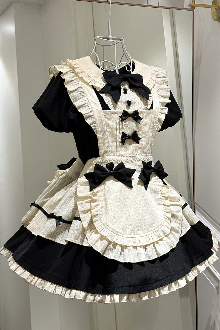 Black Lapel Collar Short Sleeves Ruffled Bow Sweet Elegant Maid Halloween Lolita Dress - Product - 5