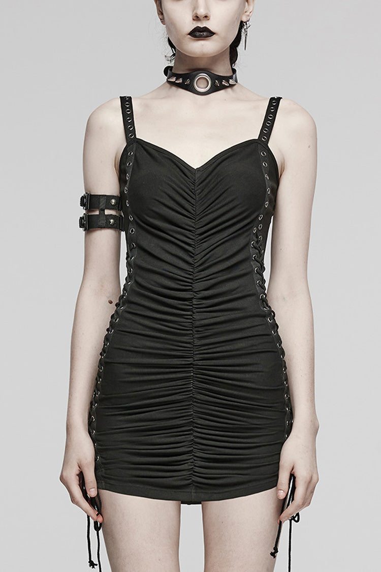 Black Sleeveless Buckle Lace-Up Women's Steampunk Dress - Black - 1