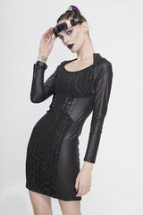 Black Punk Long Sleeve Circuit Board Print Waist Rope Womens Dress - Product - 5