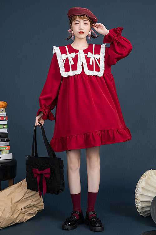 Red Doll Collar Ruffled Long Sleeves Relaxed Waist Sweet Lolita OP Dress - Product - 2