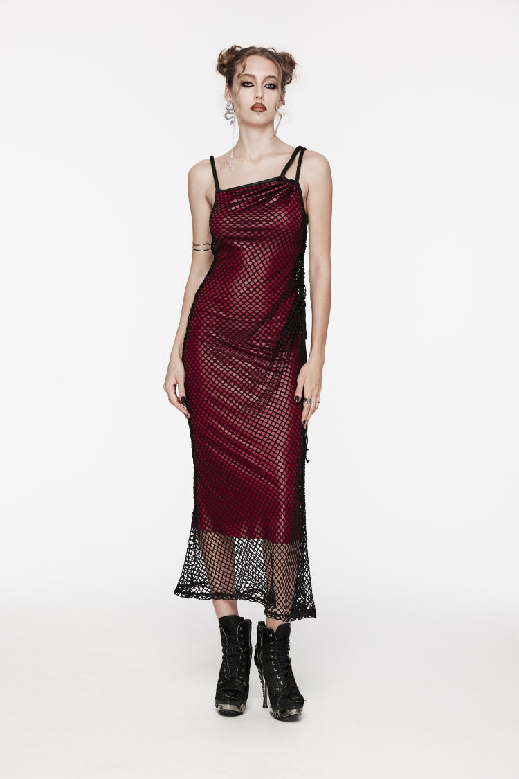 Red Off Shoulder Spliced Slim Mesh Strappy Eyelet Women's Gothic Jsk Dress - Product - 7