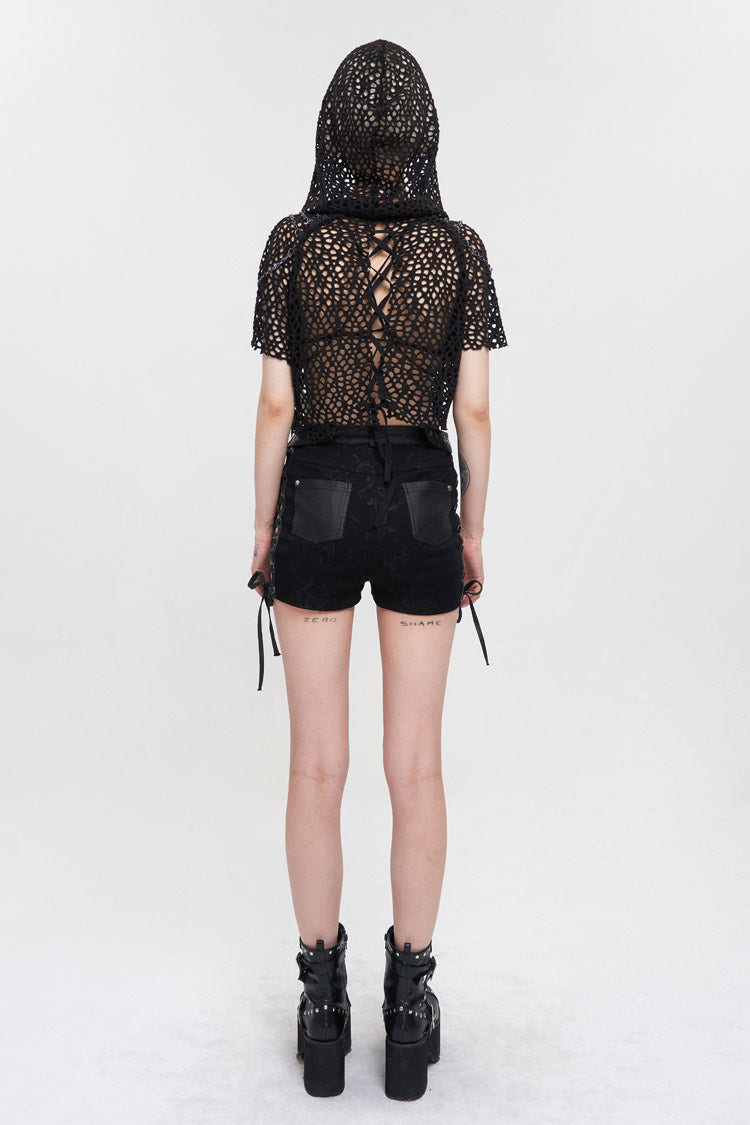 Black Cutout Hood Irregular Hem Aluminium Chain On Shoulder Short Sleeve Women's Punk T-Shirt - Product - 4