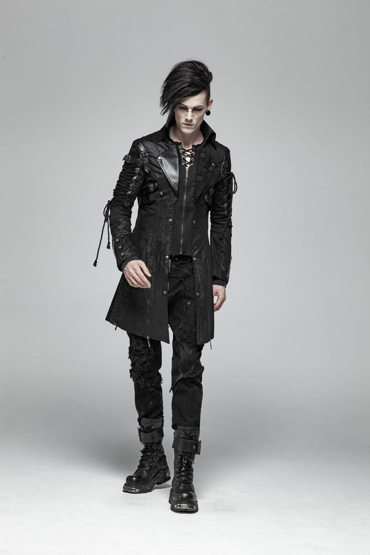 Black Metal Buckle Decoration Zipper Mens Steampunk Windbreaker Coat - Product - 4