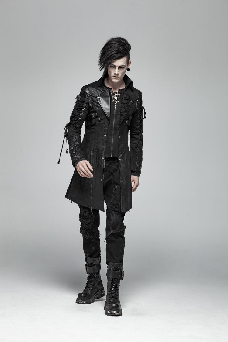 Black Metal Buckle Decoration Zipper Mens Steampunk Windbreaker Coat - Product - 4