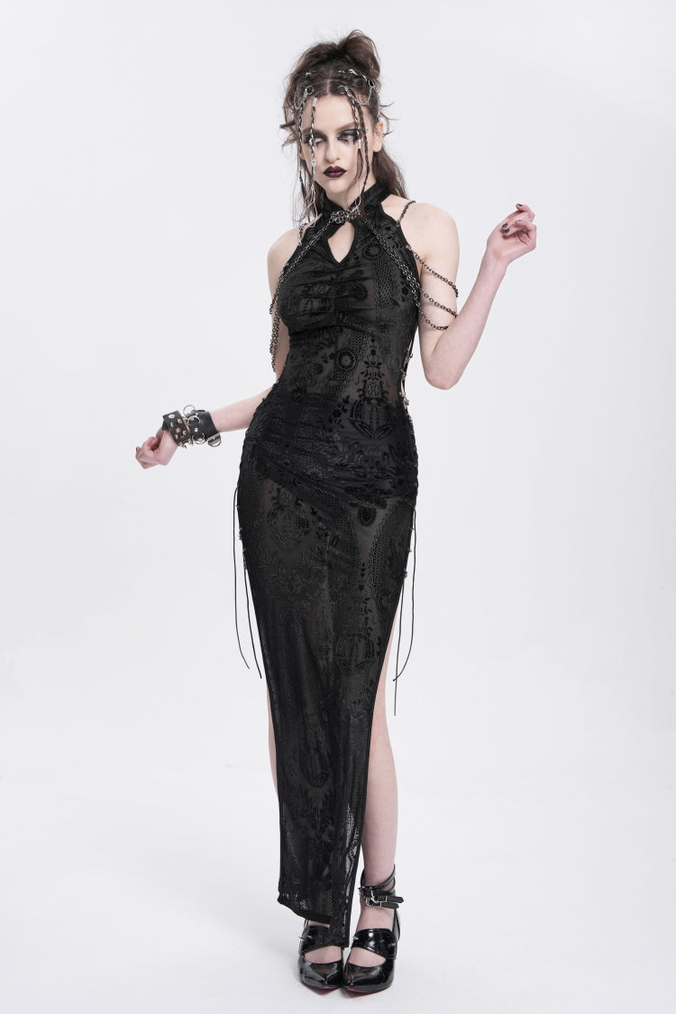 Black Halterneck Sleeveless Cheongsam Collar Side Slit Embroidery Women's Gothic Dress - Product - 4