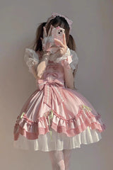 White/Pink Short Sleeves Ruffle Bowknot Princess Sweet Lolita OP Dress - White/Pink - 1