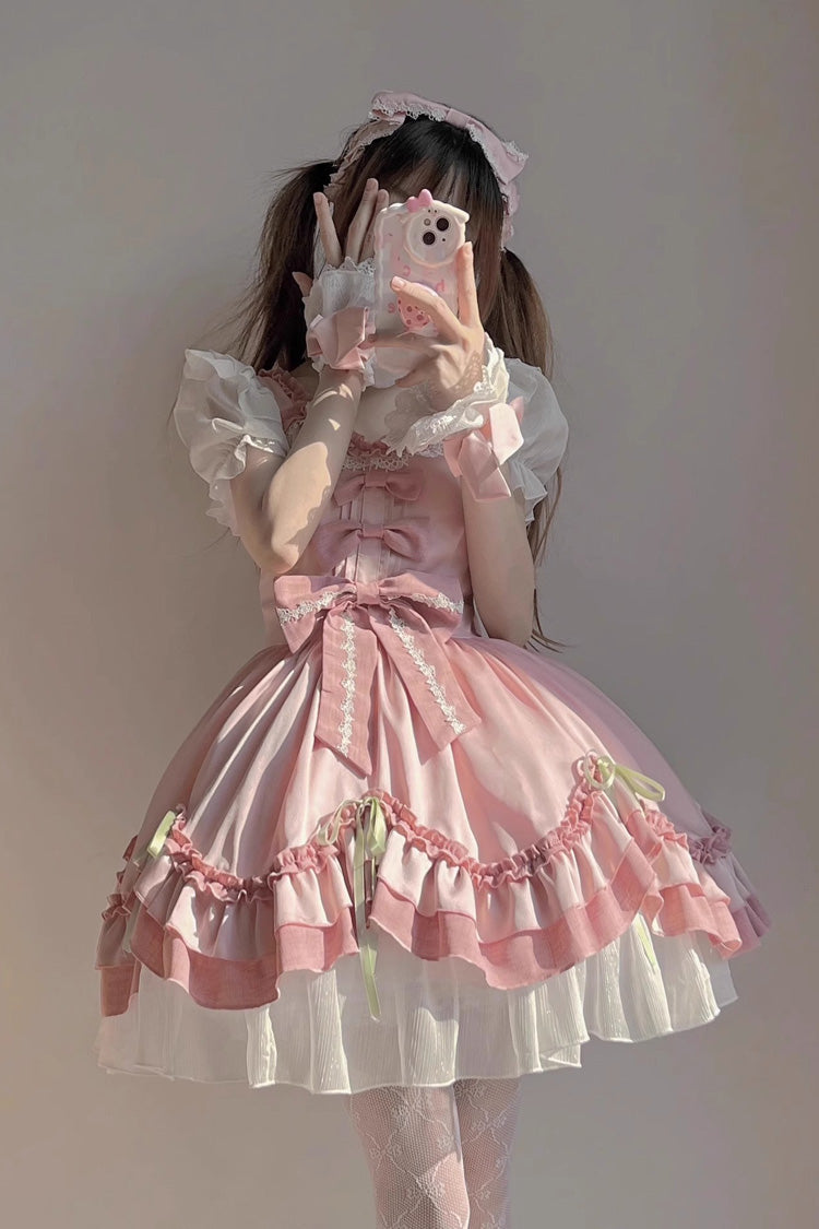 White/Pink Short Sleeves Ruffle Bowknot Princess Sweet Lolita OP Dress - White/Pink - 1