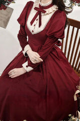 Wine Red [New Year] Stand Collar Long Sleeves Ruffled Bow Classic Lolita Dress - Product - 4