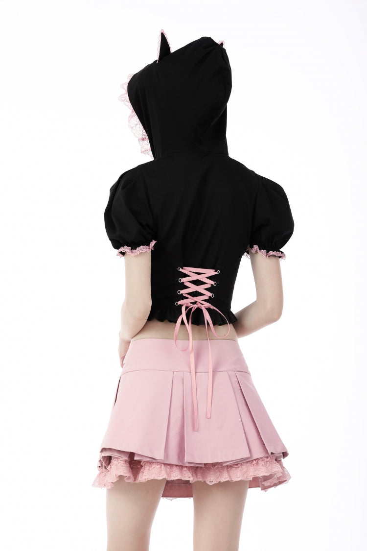 Black/Pink Short Puff Sleeves Lace Ruffled Lace-Up Zippered Women's Lolita Gothic Crop Top with Cat Hood - Product - 7
