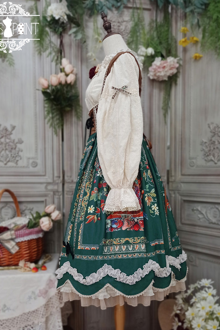 Green [Ode to Plenty] Berries and Birds Print Ruffle Bowknot Velvet Classic Lolita Breast Support Jsk Dress - Product - 10